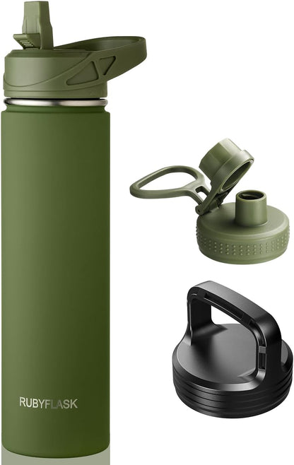 RUBYFLASK 32oz Insulated Water Bottle with Straw, Stainless Steel Metal Vacuum Water Flask, Large Thermal Water bottle with Leakproof 3 Lids for Travel, Camping, Gym Sports Indigo Black