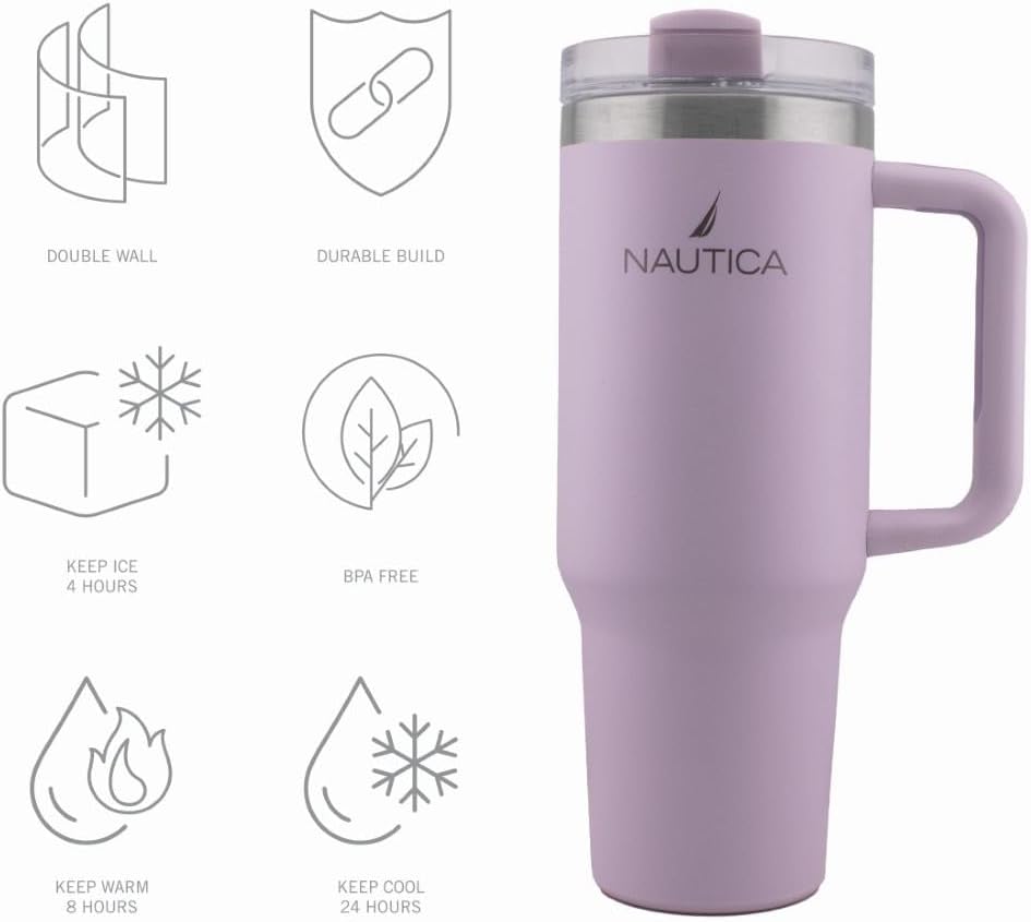 Nautica 40oz Insulated Tumbler with Handle and Straw, Stainless Steel Double Wall Vacuum Travel Mug, Leak-Resistant 3-Way Lid, Keeps Cold for 24 Hours, Fits Car Cup Holders (NAVY)