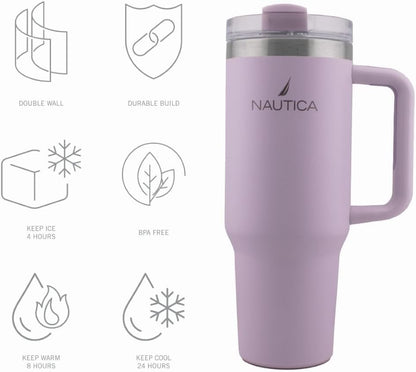 Nautica 40oz Insulated Tumbler with Handle and Straw, Stainless Steel Double Wall Vacuum Travel Mug, Leak-Resistant 3-Way Lid, Keeps Cold for 24 Hours, Fits Car Cup Holders (NAVY)