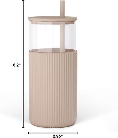 SANDJEST Glass Tumbler with Straw and Lid, Glass Water Bottle with Silicone Sleeve 20oz, Smoothie, Iced Coffee Cup, Gifts for Women Teen Girls Birthday Christmas (Cream)