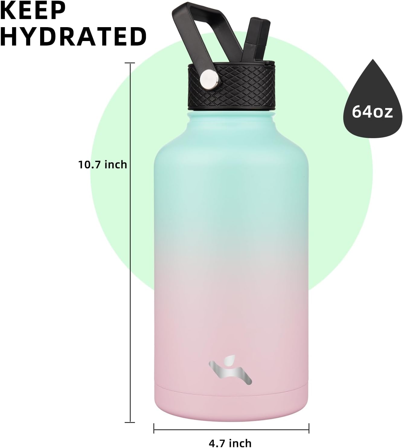 Konokyo 22oz Stainless Steel Bottles with 3 Lids Sport Insulated Water Bottle,Mint