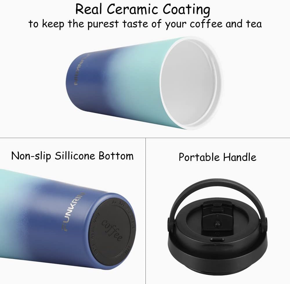 Funkrin Insulated Coffee Mug with Ceramic Coating, 16oz Iced Coffee Tumbler Cup with Flip Lid and Handle, Double Wall Vacuum Leak-Proof Travel Mug for Office School Party Camping