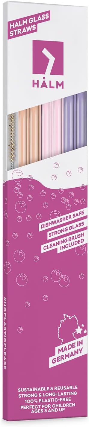 Halm Glass Straws - 6 Long 12 inch Bent Stanley Cup Replacement Drinking Straws + Plastic-Free Cleaning Brush - Perfect for Bottles & Quencher - Made in Germany - Dishwasher Safe - Eco-Friendly