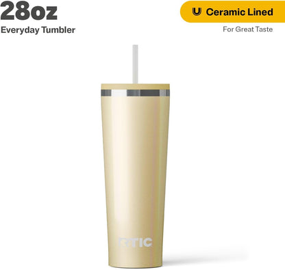 RTIC 20oz Everyday Tumbler Insulated Stainless Steel Portable Travel Coffee Cup with Straw, Ceramic Lining, Spill-Resistant Lid, BPA-Free, Hot and Cold Drink, Beach