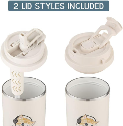 Funkrin Coffee Travel Mug with Straw & Flip Lid, 16oz Insulated Tumbler Cup with Ceramic Coating, Double Wall Vacuum Leak-Proof Mug for Office School Party Camping