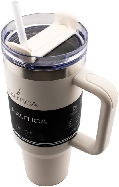 Nautica 40oz Insulated Tumbler with Handle and Straw, Stainless Steel Double Wall Vacuum Travel Mug, Leak-Resistant 3-Way Lid, Keeps Cold for 24 Hours, Fits Car Cup Holders (NAVY)