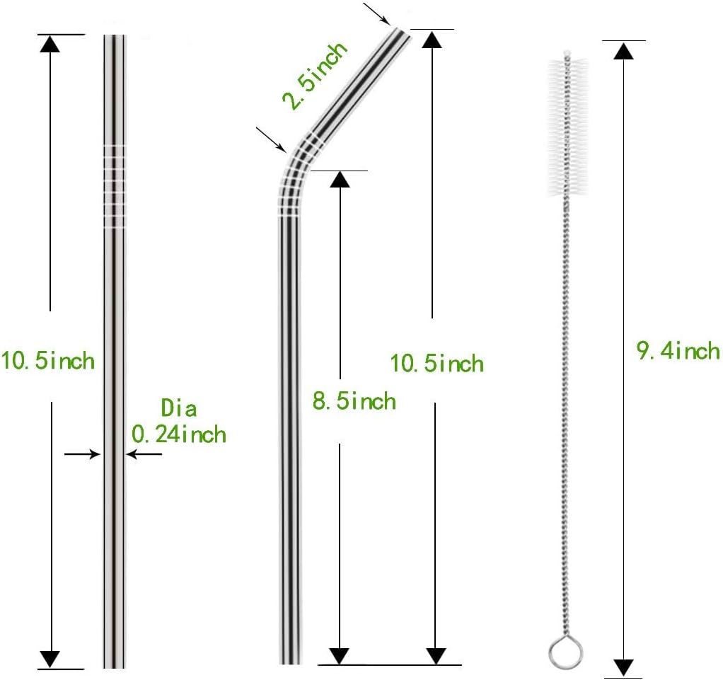 Set of 10 Stainless Steel Straws, HuaQi Straight Reusable Drinking Straws 10.5'' Long 0.24‘’ Dia for 30 oz Tumbler and 20 oz Tumbler, 2 Cleaning Brush Included (10 Straight Straw + 2 Brushes）