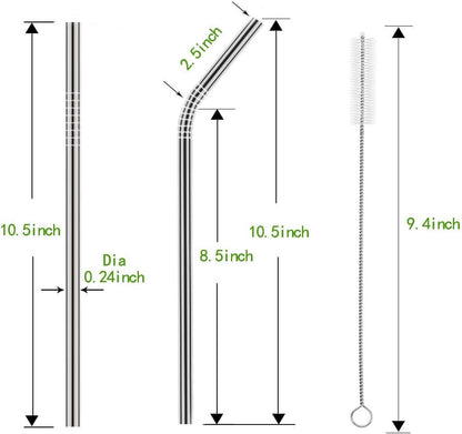 Set of 10 Stainless Steel Straws, HuaQi Straight Reusable Drinking Straws 10.5'' Long 0.24‘’ Dia for 30 oz Tumbler and 20 oz Tumbler, 2 Cleaning Brush Included (10 Straight Straw + 2 Brushes）
