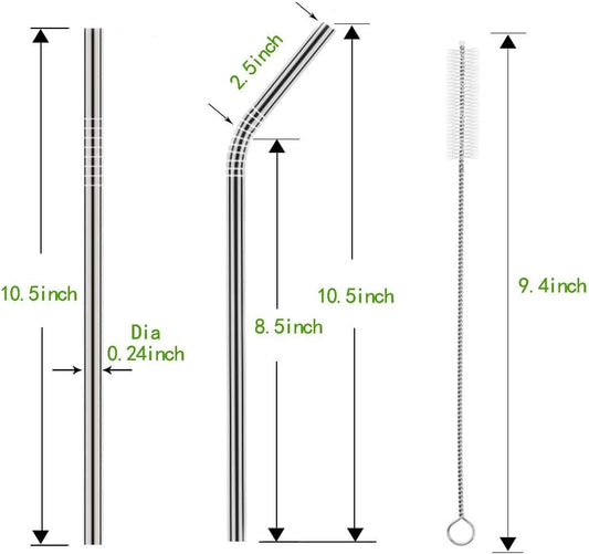 Set of 10 Stainless Steel Straws, HuaQi Straight Reusable Drinking Straws 10.5'' Long 0.24‘’ Dia for 30 oz Tumbler and 20 oz Tumbler, 2 Cleaning Brush Included (10 Straight Straw + 2 Brushes）
