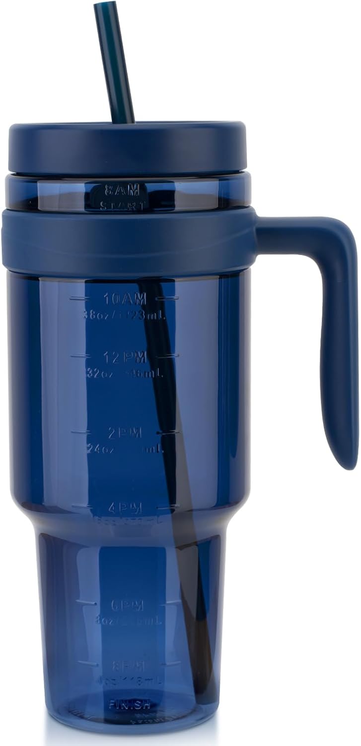 50 oz Tritan Plastic Tumbler with Lid and Straw | Leak-Proof BPA-Free Clear Tumbler with Time Marker | Reusable Travel Mug for Camping, Sports, Office, Road Trips, Parties | Wide Mouth