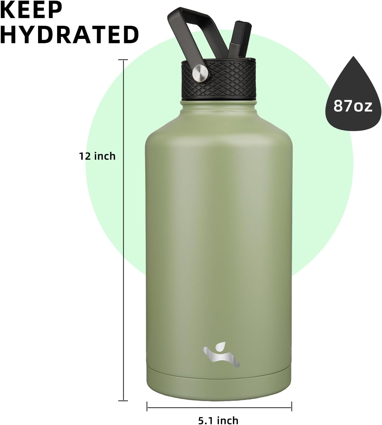 Konokyo 22oz Stainless Steel Bottles with 3 Lids Sport Insulated Water Bottle,Mint