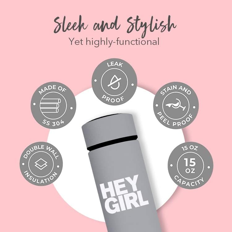 Hey Girl Tea Infuser Bottle 450ml - Insulated Stainless Steel Water Bottle - Tea Tumbler with Tea Diffuser - Portable Travel Mug for Loose Leaf Tea & Infused Water - Tea Lovers Gifts for Women (Pink)