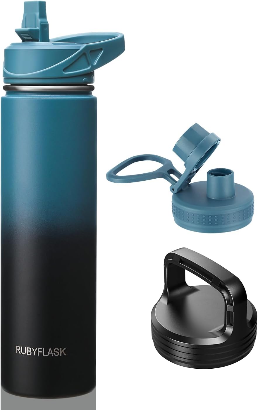 RUBYFLASK 32oz Insulated Water Bottle with Straw, Stainless Steel Metal Vacuum Water Flask, Large Thermal Water bottle with Leakproof 3 Lids for Travel, Camping, Gym Sports Indigo Black