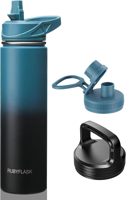 RUBYFLASK 32oz Insulated Water Bottle with Straw, Stainless Steel Metal Vacuum Water Flask, Large Thermal Water bottle with Leakproof 3 Lids for Travel, Camping, Gym Sports Indigo Black