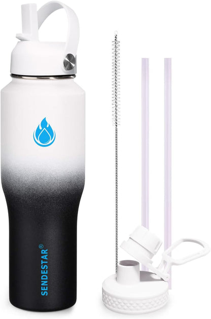 SENDESTAR 40oz Water Bottle Wide Mouth Stainless Steel Vacuum Insulated Double Wall with Straw Lids Fit in Any Car Cup Holder