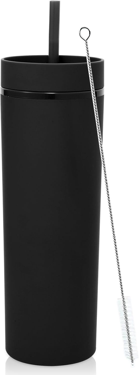 Volhoply 20oz Plastic Skinny Tumbler,Double Wall Tumblers with Lid and Straw,Reusable Travel Iced Coffee Mug,BPA Free Matte Acrylic Water Cups With Straw for Parties,DIY Gifts(Black,1 Set