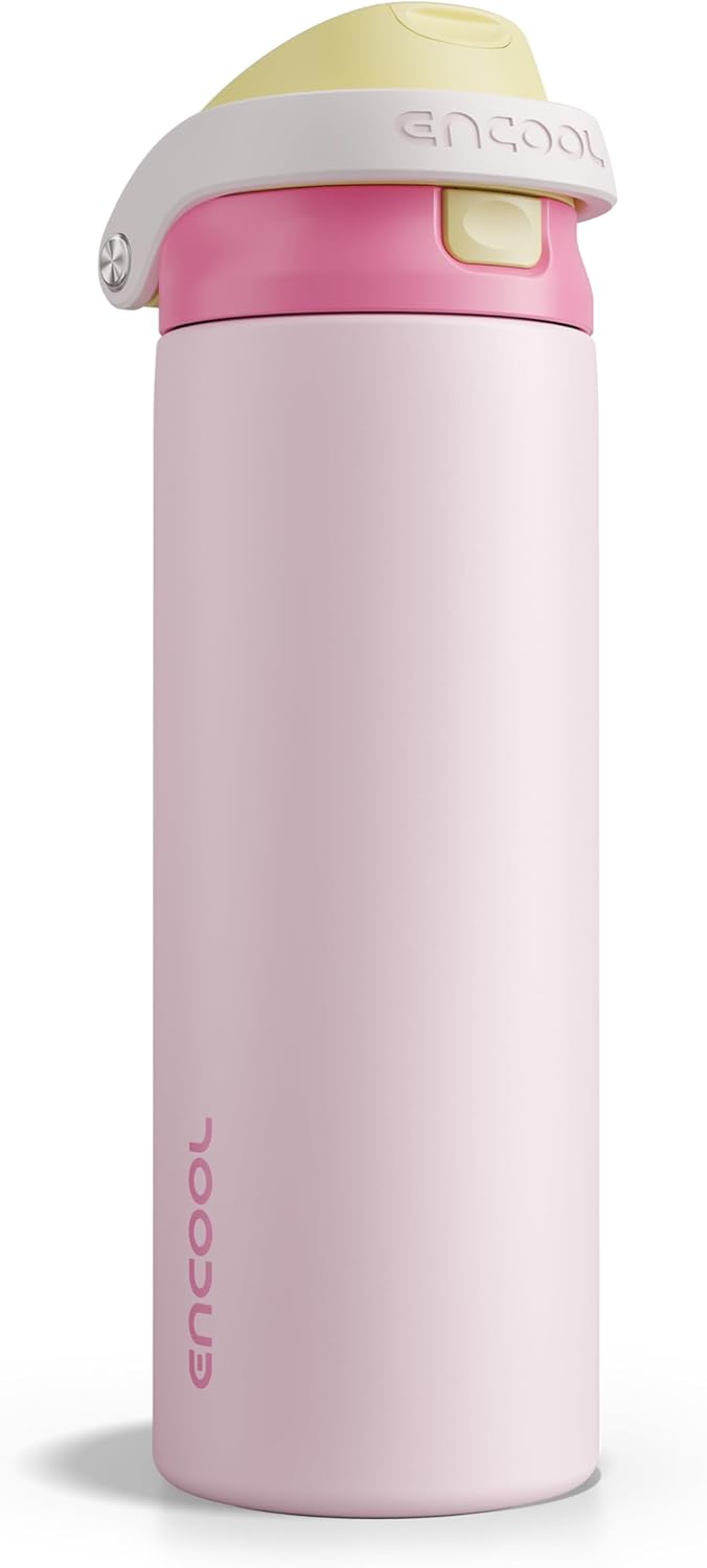 ENCOOL Leakproof Insulated Water Bottle with Straw Dual-Sip Water Bottle Bag-Safe Design for Work, Commute & Gym – Keeps Drinks Cold All Day, 24 oz, Lemonade Pink - Colors A