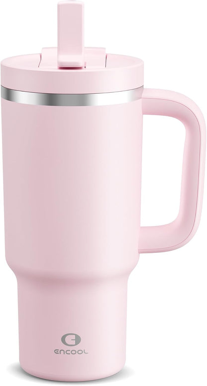 40 oz Tumbler with Handle and Straw: Stainless Steel Insulated Tumbler Keeps Cold for 24 Hours, Leakproof Travel Cup Fits in Cup Holder and BPA-Free, Cotton Candy