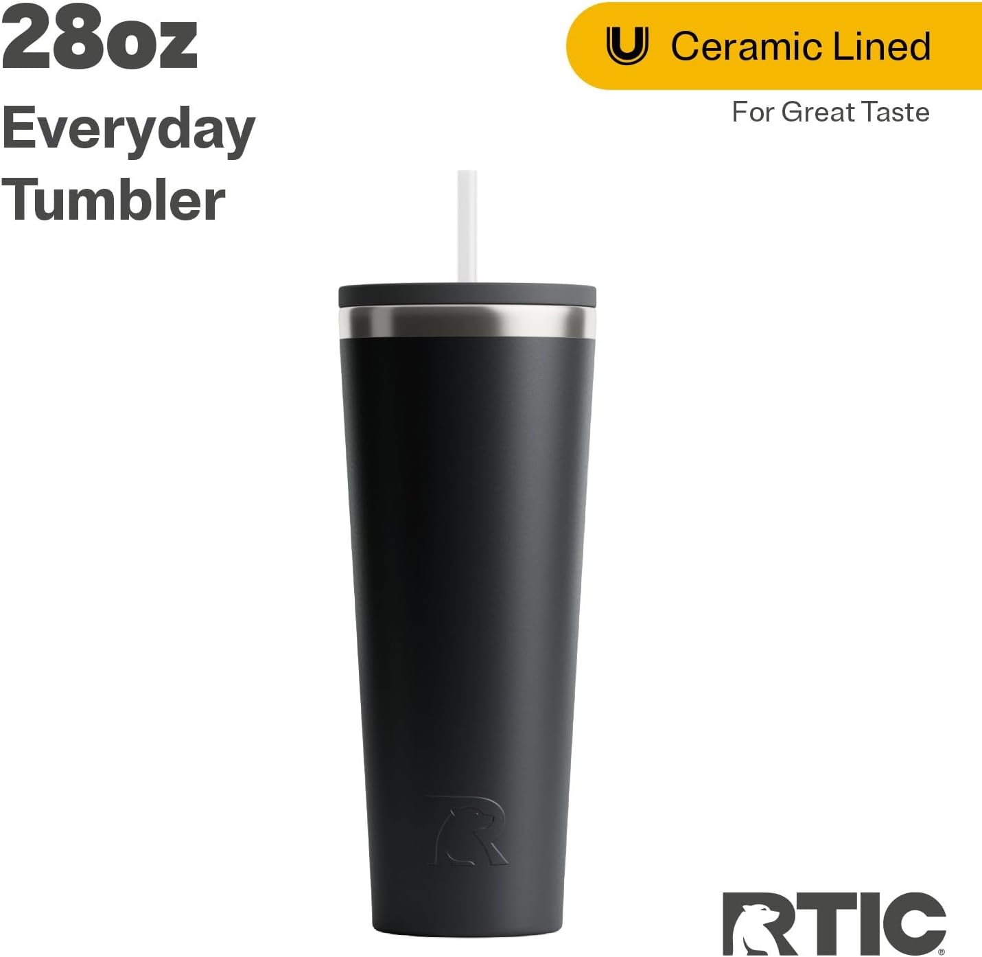 RTIC 20oz Everyday Tumbler Insulated Stainless Steel Portable Travel Coffee Cup with Straw, Ceramic Lining, Spill-Resistant Lid, BPA-Free, Hot and Cold Drink, Beach