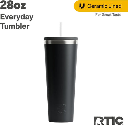 RTIC 20oz Everyday Tumbler Insulated Stainless Steel Portable Travel Coffee Cup with Straw, Ceramic Lining, Spill-Resistant Lid, BPA-Free, Hot and Cold Drink, Beach
