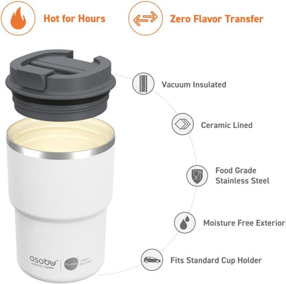 asobu Ultimate Ceramic Travel Mug, 12oz Insulated Stainless Steel Coffee Cup with Handle & Splash-Resistant Lid, Ceramic Lined for Pure Taste, BPA-Free, Double-Wall Vacuum for Hot Drinks