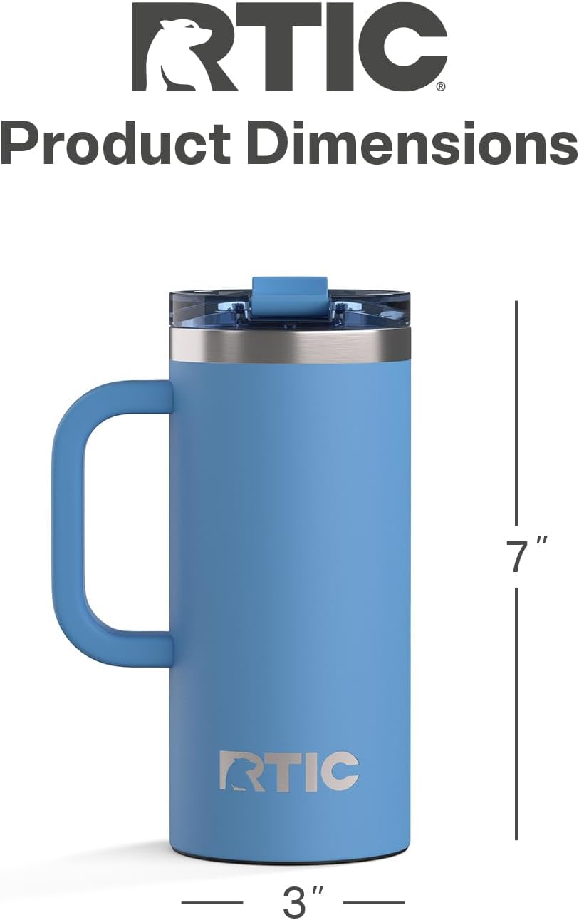 RTIC 20oz Road Trip Travel Mug with Lid and Handle, Ceramic Lined, Insulated, Stainless Steel, Metal, Double Wall Vacuum-Insulation, Portable Coffee, Tea Cup for Hot and Cold Drink, Black