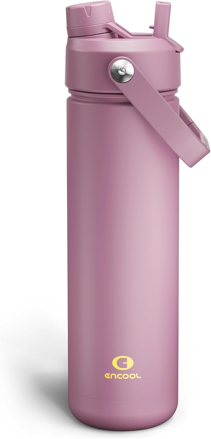 ENCOOL Insulated Water Bottle with Straw Stainless Steel Water Bottle, Leak-Proof, BPA-Free, Double Wall Vacuum Keeps Cold for 24 Hours for Sports, Travel, School (26 oz, Cotton Candy) - Colors D