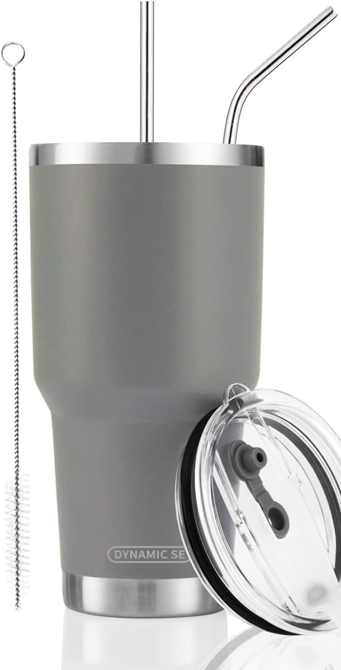 D·S 30oz Blue Tumbler Stainless Steel Double Wall Vacuum Insulated Mug with Straw and Lid, Cleaning Brush for Cold and Hot Beverages