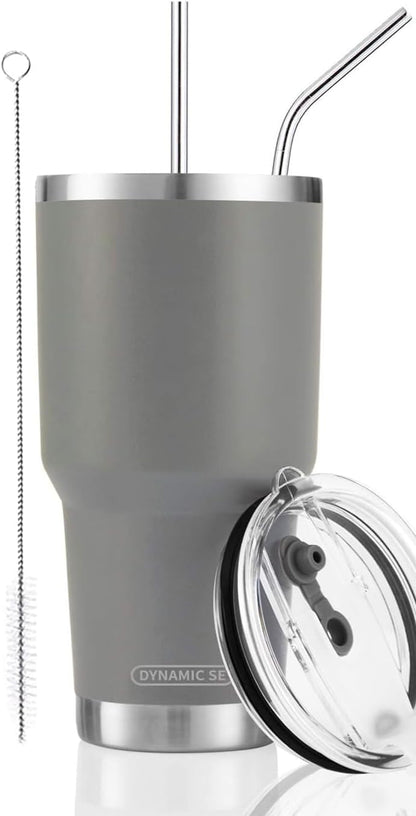 D·S 30oz Blue Tumbler Stainless Steel Double Wall Vacuum Insulated Mug with Straw and Lid, Cleaning Brush for Cold and Hot Beverages
