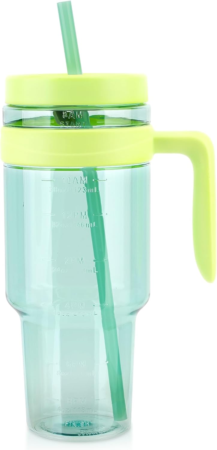 50 oz Tritan Plastic Tumbler with Lid and Straw | Leak-Proof BPA-Free Clear Tumbler with Time Marker | Reusable Travel Mug for Camping, Sports, Office, Road Trips, Parties | Wide Mouth