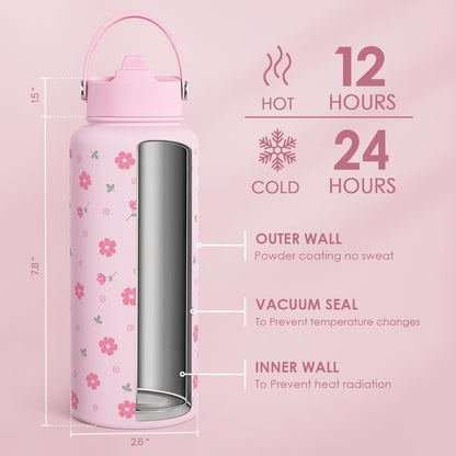 SANDJEST Pickleball Gift for Women, Water Bottle Stainless Steel 32oz with Lid & Straw, Sport Insulated Bottles Gifts for Girls Friends Teens Birthday Christmas