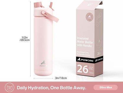 POWCAN 26 oz Insulated Water Bottle with 2-in-1 Straw and Spout Lid, Keep Cold 24H, Leak-Proof, Fits in Car Cup Holder, Stainless Steel Water Bottle for Sports, Travel, and School (Mint)