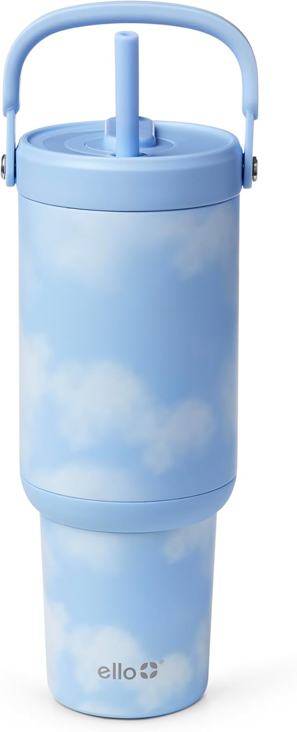 Ello Oasis Go+ 26oz Tumbler with Top Handle and Retracting Straw | Reusable Insulated Stainless Steel Cup, 100% Leakproof Water Bottle, 24 Hours Cold, Cup Holder Friendly For Travel | Wild Rasberry