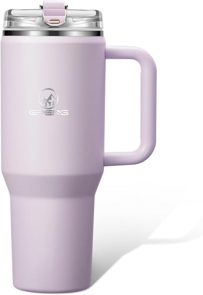 Gpeng 30/40/50 oz Tumbler with Handle, Water Bottles with Straw Lid, Insulated Stainless Steel Travel Mug Cup Holder Friendly, Keep Drinks Cold or Hot for Hours (LightGrey, 50 oz)