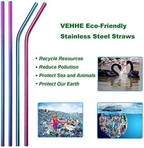 VEHHE Metal Straws Stainless Steel Straws Drinking Straws Reusable - 10.5" Ultra Long 4 + 1 - W/Cleaning Brush for 20/30 Oz for Yeti RTIC SIC Ozark Trail Tumblers (2 Straight|2 Bent|1 Brush)