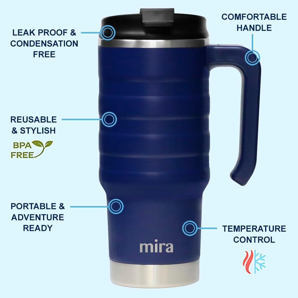 MIRA 24 oz Insulated Travel Mug - Stainless Steel Coffee Cup with Spill-Proof Flip Lid & Handle - Hot/Cold Car Tumbler - Marine