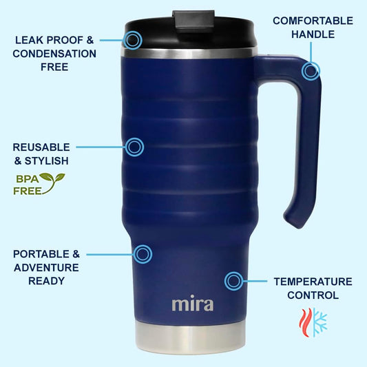 MIRA 24 oz Insulated Travel Mug - Stainless Steel Coffee Cup with Spill-Proof Flip Lid & Handle - Hot/Cold Car Tumbler - Marine