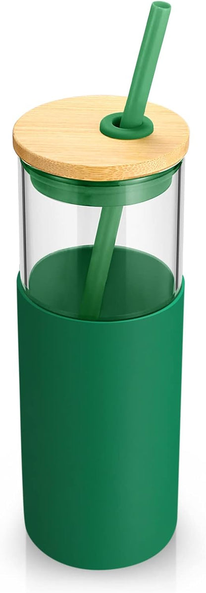Tronco 24 oz Glass Tumbler with Lids and Straw, Reusable Iced Coffee Cup & Smoothie Cup with Bamboo Lid, Silicone Sleeve, Dishwasher Safe, BPA-Free Borosilicate Glass, 1 Pack