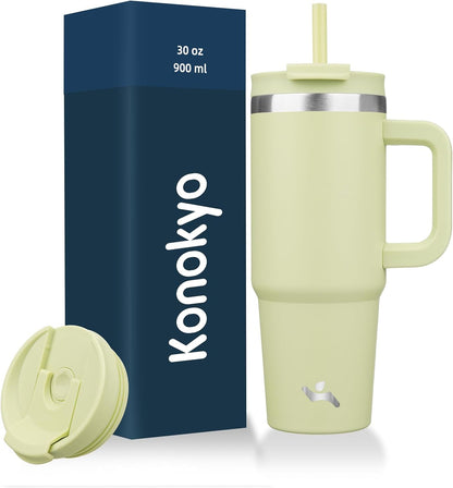 Konokyo 30 oz Tumbler with Handle and 2 Straws,2 in 1 Lid Insulated Water Bottle Stainless Steel Travel Coffee Mug,Sky