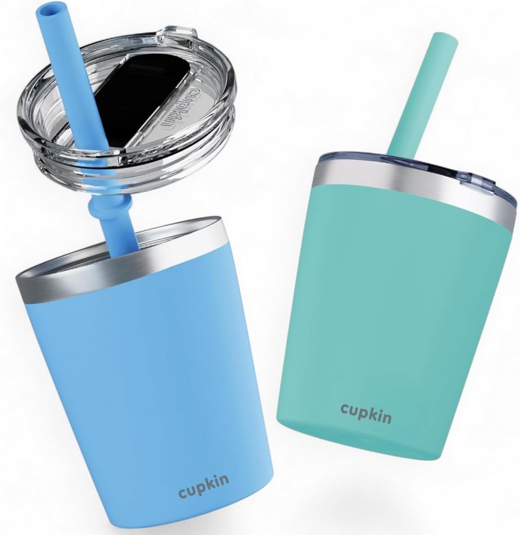 CUPKIN Stainless Steel Insulated Tumbler with Lid and Straw, 20 oz Stainless Steel Cups, Set of 2 Travel Coffee Mug for Adults, Iced Coffee Cup with Lid, Tumbler for Travel (Coral + Yellow)