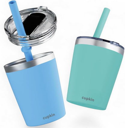 CUPKIN Stainless Steel Insulated Tumbler with Lid and Straw, 20 oz Stainless Steel Cups, Set of 2 Travel Coffee Mug for Adults, Iced Coffee Cup with Lid, Tumbler for Travel (Coral + Yellow)