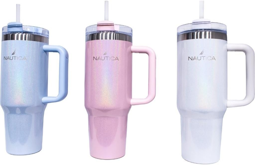 Nautica 40oz Insulated Tumbler with Handle and Straw, Stainless Steel Double Wall Vacuum Travel Mug, Leak-Resistant 3-Way Lid, Keeps Cold for 24 Hours, Fits Car Cup Holders (NAVY)