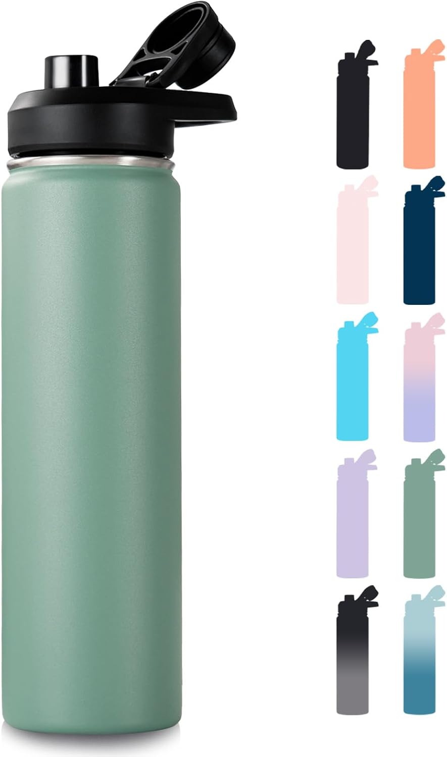 Fijinhom 24 oz Insulated Water Bottle with Handle, 304 Stainless Steel Water Bottles with Wide Mouth, Double Wall Vacuum Sports Water Bottle, BPA Free, Keep Cold and Hot, Black | with Handle
