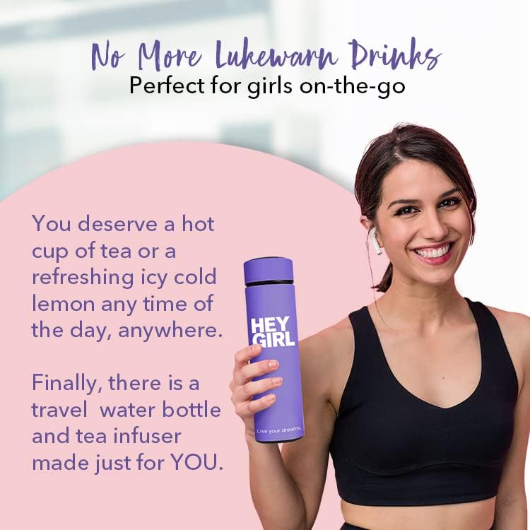 Hey Girl Tea Infuser Bottle 450ml - Insulated Stainless Steel Water Bottle - Tea Tumbler with Tea Diffuser - Portable Travel Mug for Loose Leaf Tea & Infused Water - Tea Lovers Gifts for Women (Pink)
