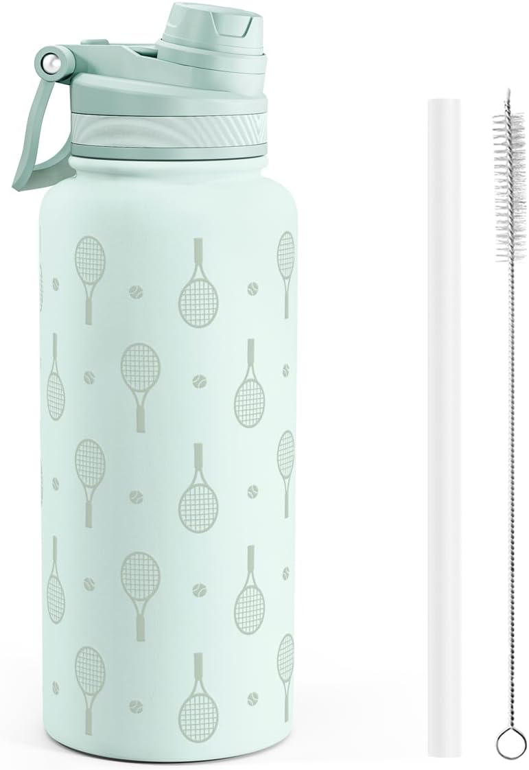 SANDJEST Pickleball Stainless Steel Water Bottle with Strap 32oz, Insulated Bottles with Straw and Spout Lid for Gym Sports Travel Outdoor, Gifts for Women Girls Birthday Christmas