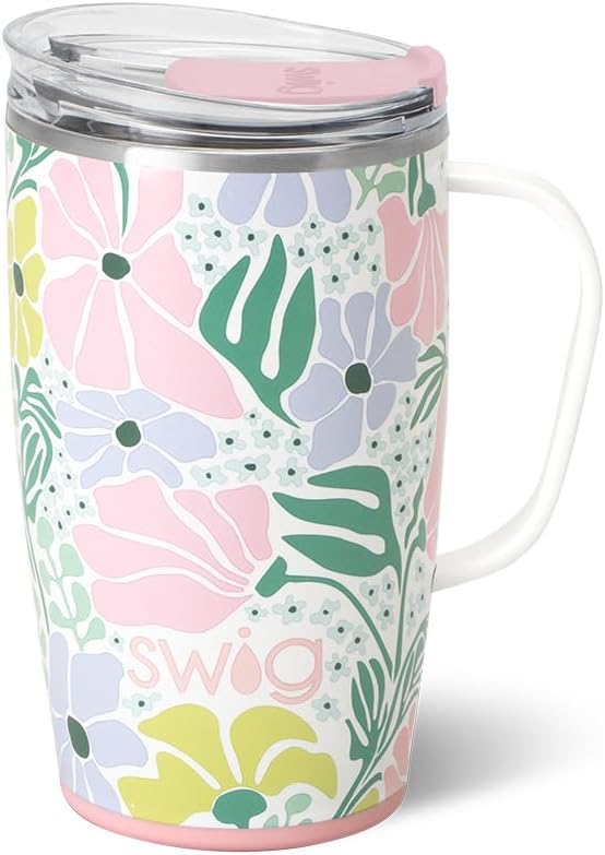 Swig Life 18oz Travel Mug, Insulated Tumbler with Handle and Lid, Cup Holder Friendly, Dishwasher Safe, Stainless Steel, Travel Coffee Cup (Honey Meadow)
