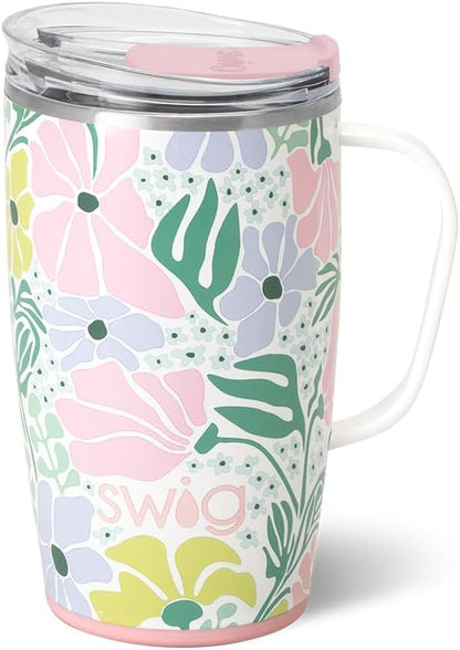 Swig Life 18oz Travel Mug, Insulated Tumbler with Handle and Lid, Cup Holder Friendly, Dishwasher Safe, Stainless Steel, Travel Coffee Cup (Honey Meadow)