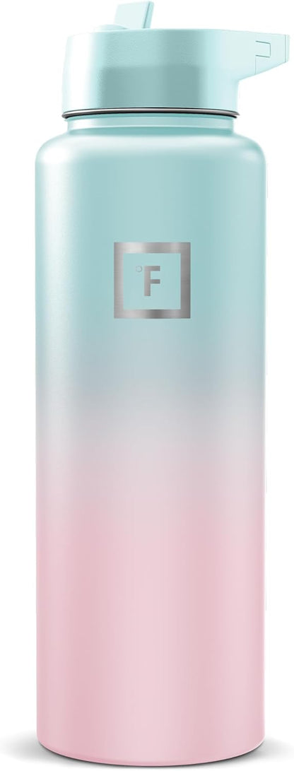 IRON °FLASK Camping & Hiking Hydration Flask with Straw, Wide Mouth Insulated Stainless Steel Sports Water Bottle - 40 oz Midnight Black