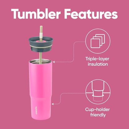 Owala Stainless Steel Triple Layer Insulated Travel Tumbler with Spill Resistant Lid and Straw, BPA Free, 24 oz, Grey/Blue (The Great Blue)