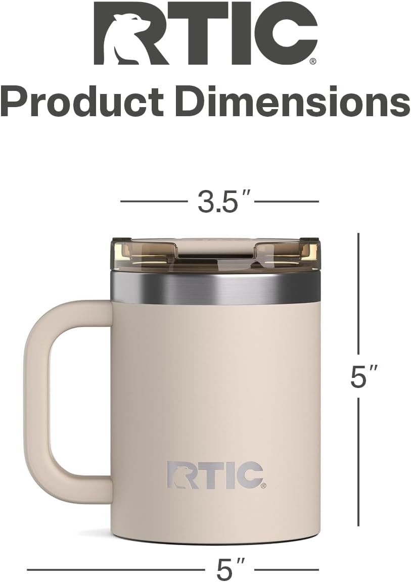 RTIC 12oz Essential Mug with Lid and Handle, Ceramic Lined, Insulated, Stainless Steel, Metal, Double Wall Vacuum-Insulation, Portable, Travel Cup for Hot and Cold Drink, Beach